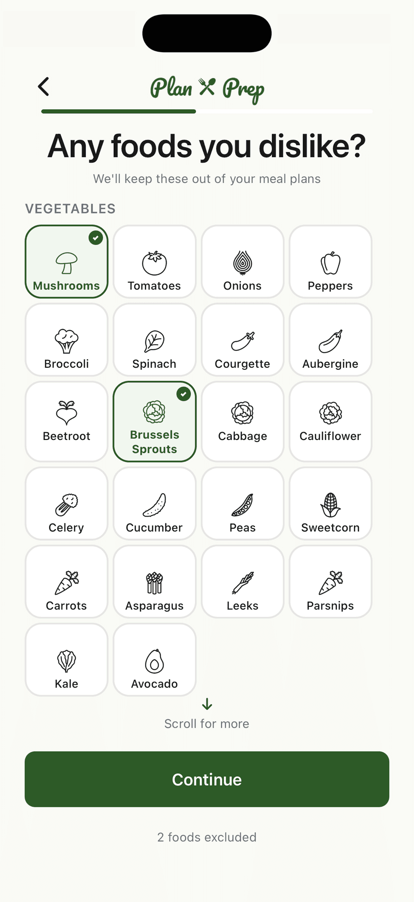 Food dislike selection screen