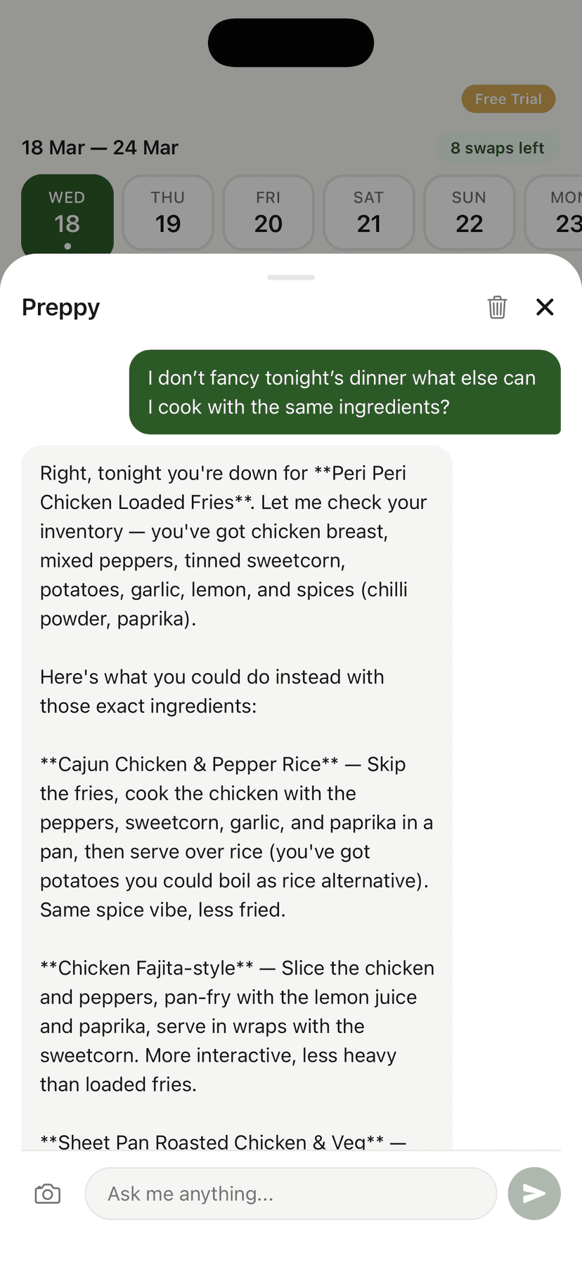AI meal assistant suggesting alternatives
