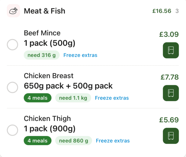 Shopping list detail showing pack sizes and "need" amounts