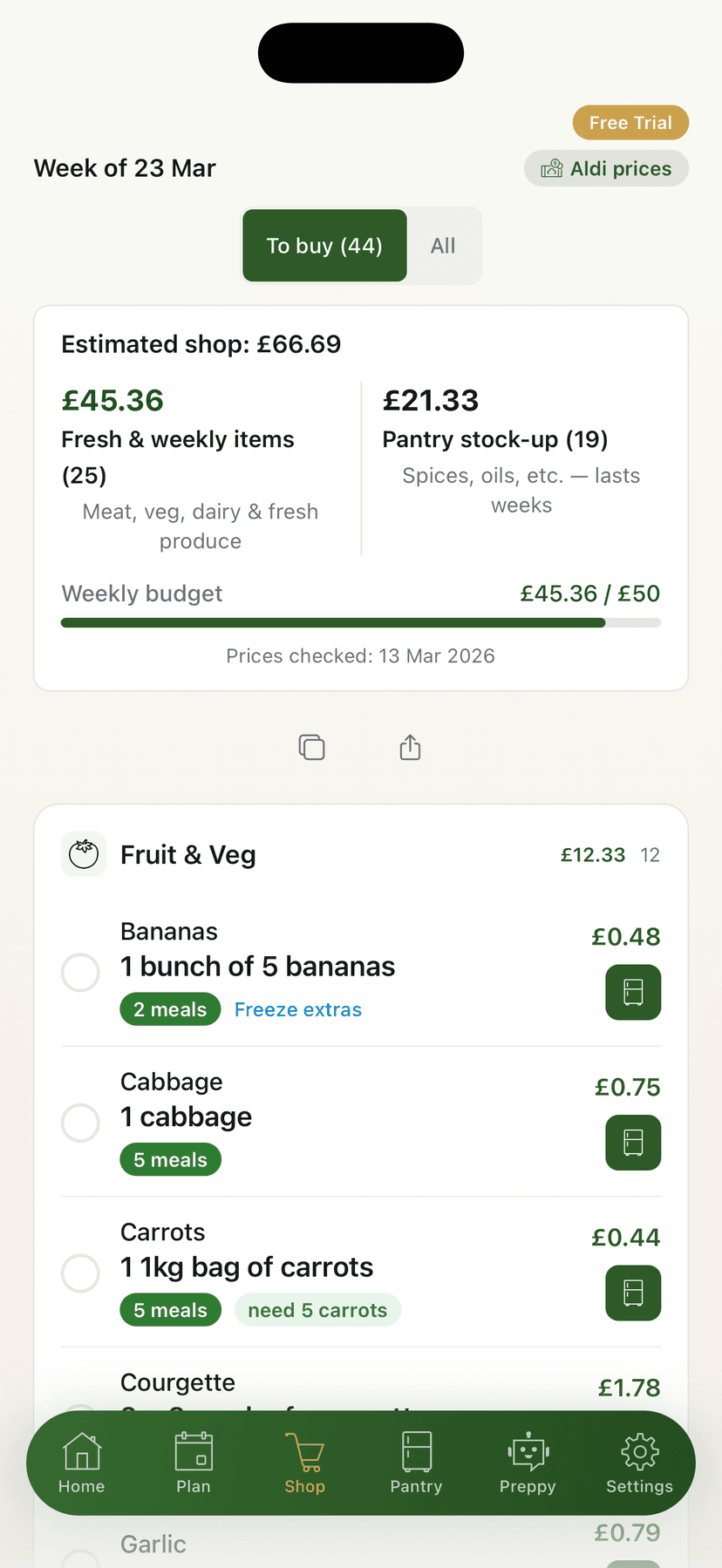 Shopping list grouped by aisle with real prices