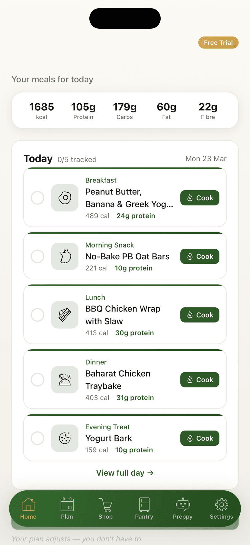 Personalised daily meal plan with macros