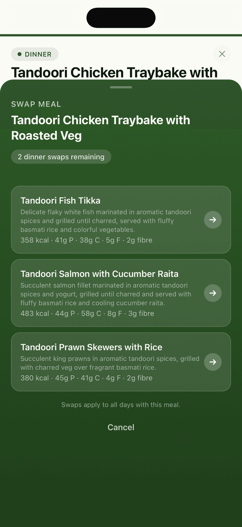 Meal swap showing macro-matched alternatives